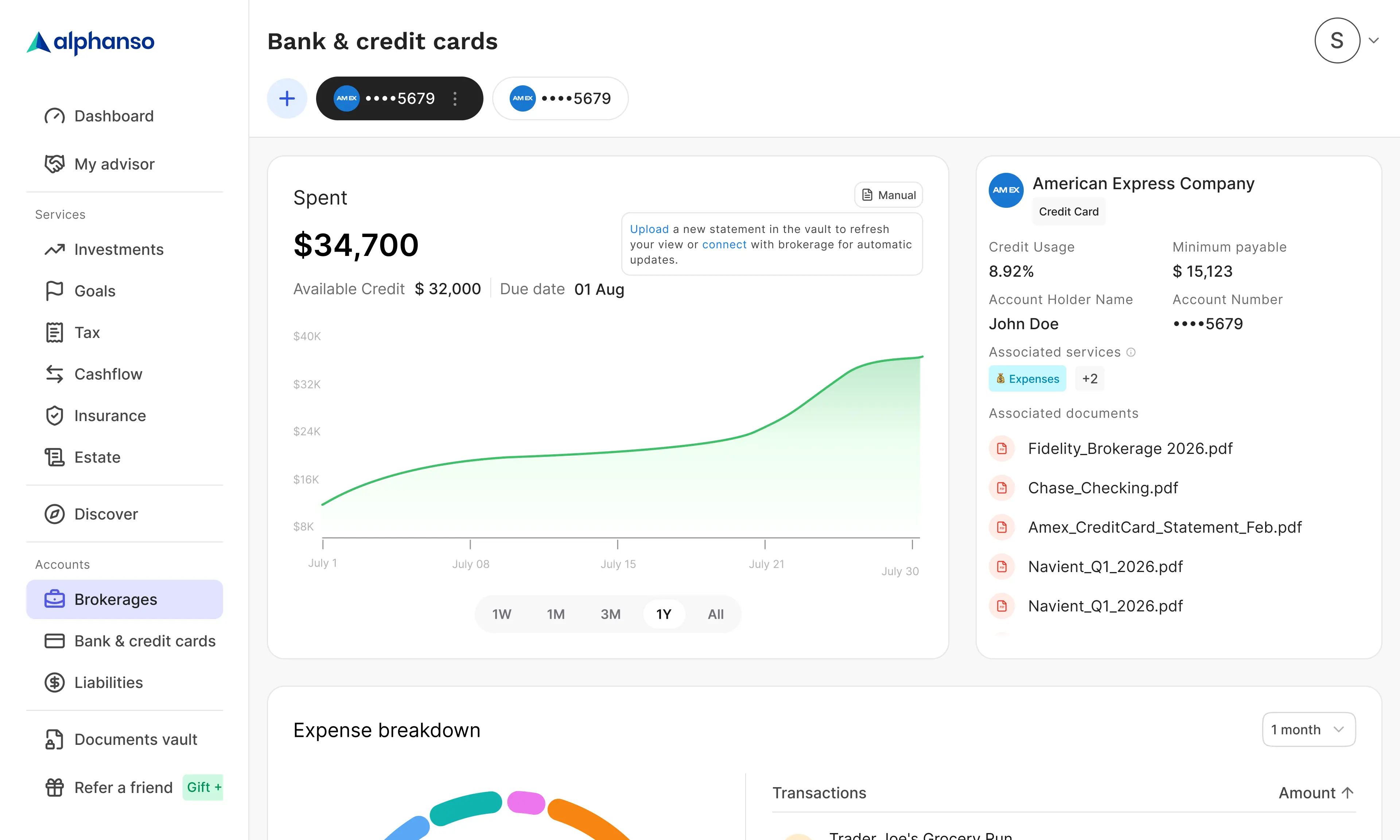 Account detail page showing associated documents list and spending chart